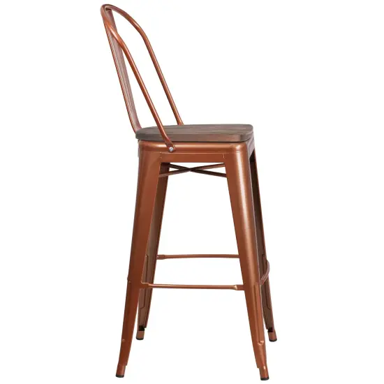 Merrick Lane Sarah 30" Metal Indoor-Outdoor Counter Stool with Vertical Slat Back, Integrated Footrest and Wood Seat Copper {4}