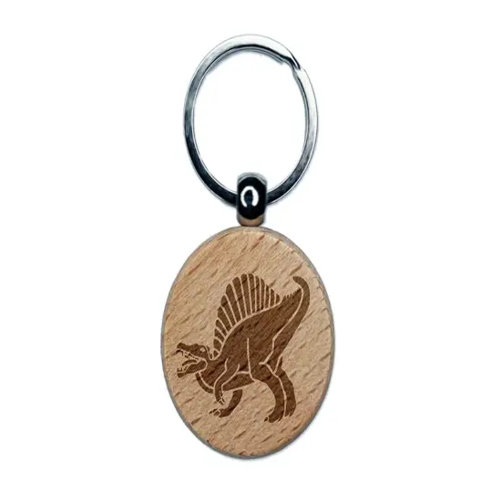 Spinosaurus Dinosaur Engraved Wood Round Keychain Tag Charm {1}