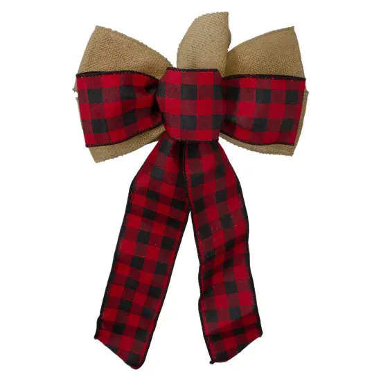 Northlight Burlap and Buffalo Plaid 6-Loop Christmas Bow Decoration - 9" x 14" Red {1}