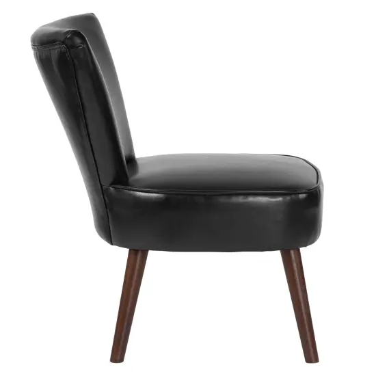Merrick Lane Santino Faux Leather Mid-Back Retro Accent Side Chair with Flared Wooden Legs Black Faux Leather {4}