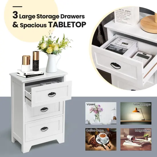 3 Drawers End Storage Wood Side Nightstand White {5}