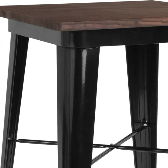 Merrick Lane Modern 23.5" Square Metal Table with Rustic Wood Top for Indoor Use Black {5}
