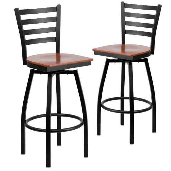 Emma and Oliver 2 Pack Ladder Back Swivel Metal Barstool Cherry/BlackMetal {1}