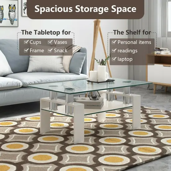Rectangle Glass Coffee Table With Metal Legs For Living Room-White {2}