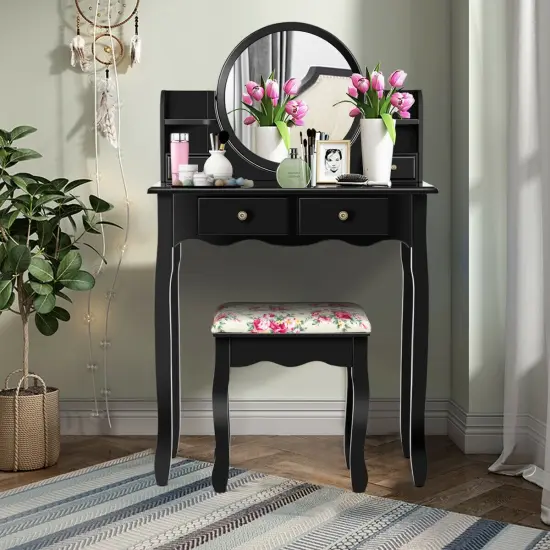 Makeup Vanity Table Set Girls Dressing Table with Drawers Oval Mirror Black {2}