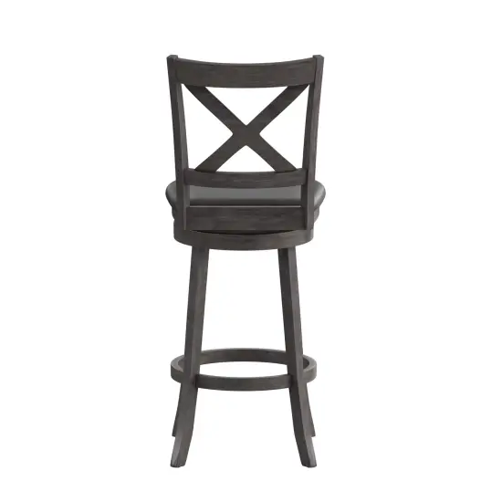 Merrick Lane Sora 30" Classic Wooden Crossback Swivel Bar Height Pub Stool with Upholstered Padded Seat and Integrated Footrest Antique Oak/Black {9}