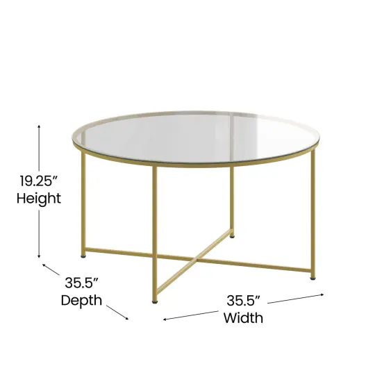 Merrick Lane Fairdale Round Coffee Table Set - 3 Piece Coffee Table Set with Crisscross Frame - Coffee Table & 2 End Tables Clear/Brushed Gold {3}
