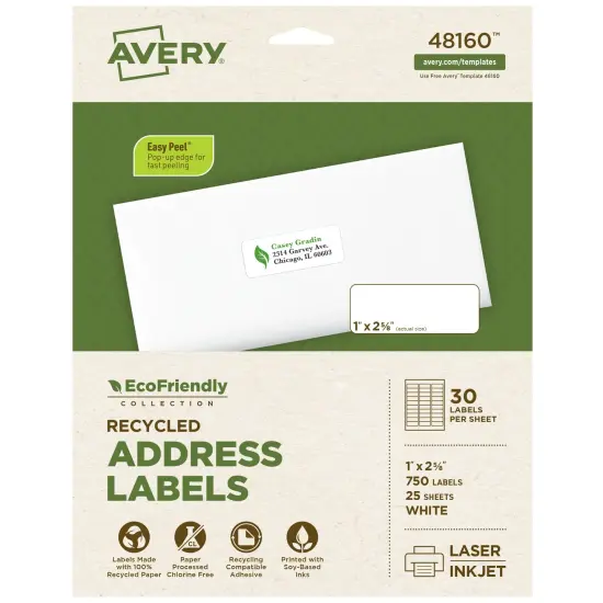Avery EcoFriendly Recycled Address Labels, 1" x 2-5/8", White, Permanent Label Adhesive, 750 Printable Labels (48160) {1}