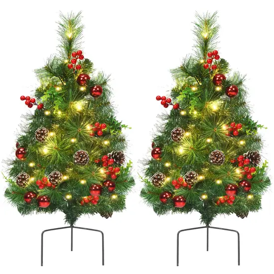 Costway Set of 2 Pre-lit Christmas Trees 24in Battery Powered Pathway Outdoor Decoration {1}