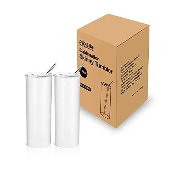 2 Pieces Sublimation Blanks Skinny Tumbler White 20 OZ Straight Double Wall Stainless Steel Tumbler with Metal Straw Tumbler Cups for Tumbler Heat Press Machine Heat Transfer {1}