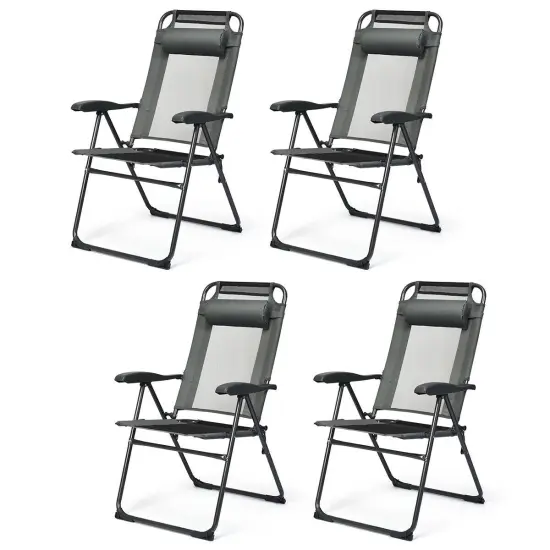 4 Pieces Patio Garden Adjustable Reclining Folding Chairs with Headrest Grey {3}