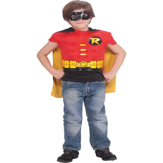 Boys Teen Titans Robin Muscle Chest T-Shirt Mask and Cape Costume {1}