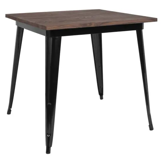 Merrick Lane Modern 31.5" Square Metal Table with Rustic Wood Top for Indoor Use Black {2}