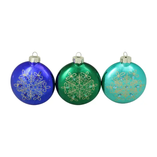 Northlight Snowflake Glass Disc Christmas Ornaments - 3.25" (82mm) - Blue and Green - Set of 3 {1}