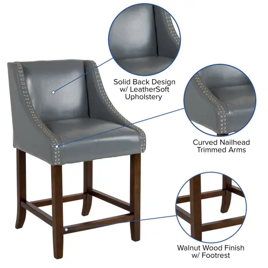 Merrick Lane Taylorsville 24 Inch Counter Height Stool with Nailhead Trim - Set of 2 LightGrayLeatherSoft {2}