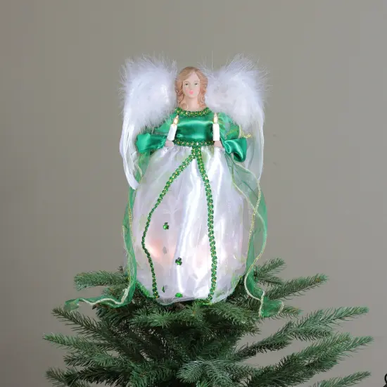 Kurt Adler 12" Green and White Lighted Luck of the Irish Angel Christmas Tree Topper {5}