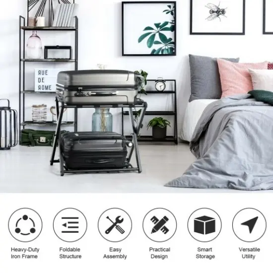 Black Metal Folded Suitcase Luggage Rack with Storage Shelf {3}