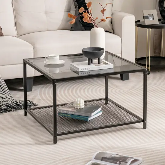 Costway Glass Coffee Table 27.5 Inch 2-Tier Square with Mesh Shelf Living Room Grey/Transparent {2}