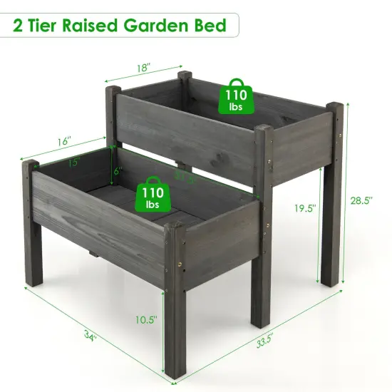 2 Tier Wooden Raised Garden Bed with Multiple Draining Holes Suitable for Yards or Porches Grey {4}