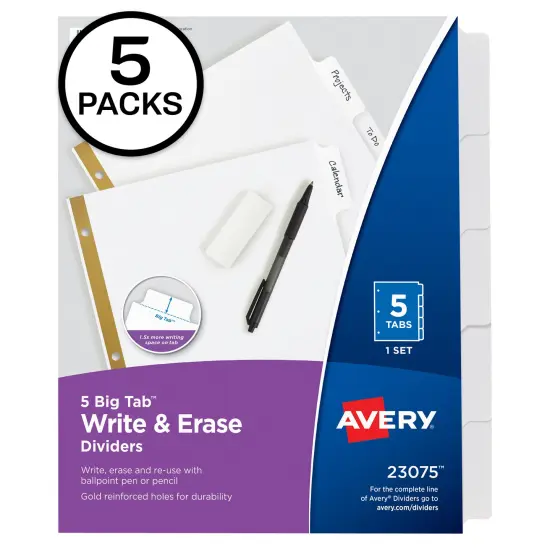 Avery Big Tab Write & Erase Dividers, 5 White Tabs, 5 Sets of 23075 {1}