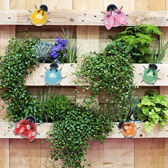 6 Pieces Cute Ladybugs Outdoor Wall Decor, 3D Metal Wall Art Spring Decor, Rustic Wall Sculptures & Statues for Farmhouse, Porch, Patio, Lawn, Fence, Backyard Decorations {5}