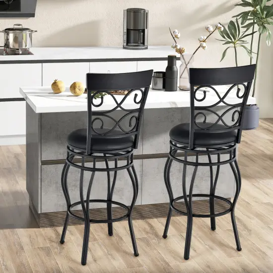 30 Inch Set of 2 Swivel Bar Stool with Curved Backrest and Footrest Black {3}