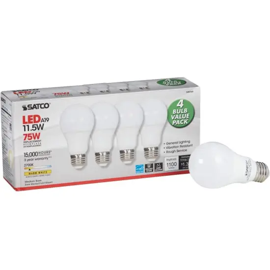 4PK - Satco 11.5w A19 LED 120v Medium base 2700K Warm White Bulb {1}