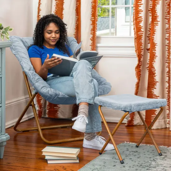 Emma and Oliver Aisling Oversized Folding Saucer Chair and Ottoman for Dorm, Bedroom AquaFabric/SoftGold {6}