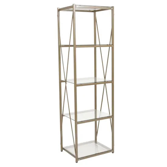 Merrick Lane Doniphan 64" Modern Bookshelf Glass 4-Shelf Bookcase with Powder Coated Cross Braced Frame Clear/Matte Gold {1}