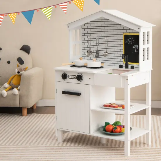 Kids Wooden Kitchen Play Set With Storage Shelves And Accessories-white {1}
