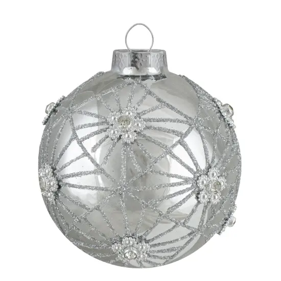 Northlight Glittered Floral Christmas Glass Ball Ornaments - 3.25" (80mm) - Silver - 4ct {3}