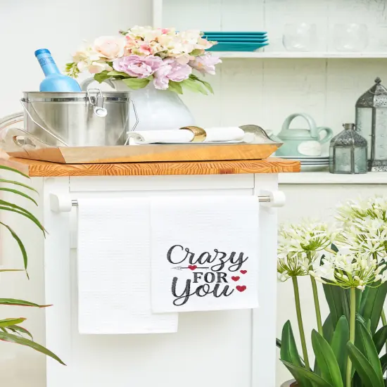 Valentine's Day "Crazy For You" Embroidered Waffle Weave Kitchen Dishtowel {4}