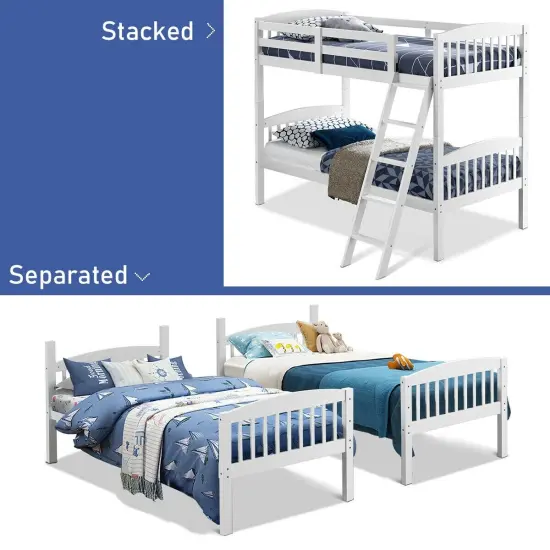 Wood Bunk Bed Twin with Inclined Ladder, Convertible, Safe and Space-Saving White {6}