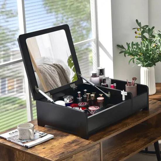 Compact Bay Window Makeup Dressing Table with Flip-Top Mirror Black {3}
