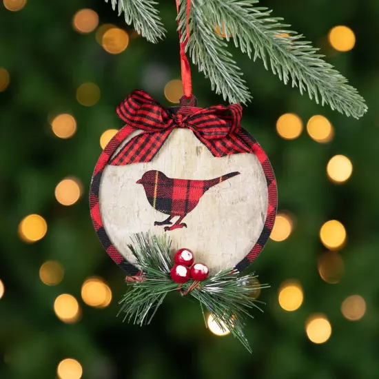 Northlight Plaid Cardinal Disc Christmas Ornament - 4" - Red and Black {3}