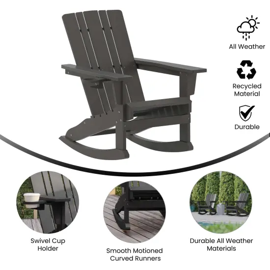 Merrick Lane Ridley HDPE Adirondack Chair with Cup Holder and Pull Out Ottoman, All-Weather HDPE Indoor/Outdoor Chair Gray {2}