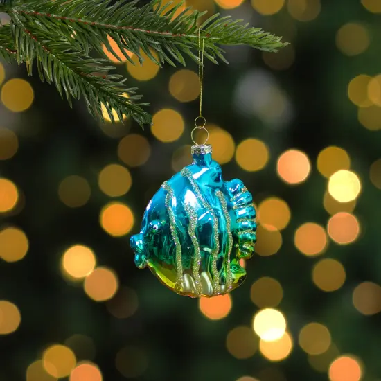 Northlight Tropical Fish Glass Christmas Ornament - 3" - Turquoise and Yellow Blue {3}