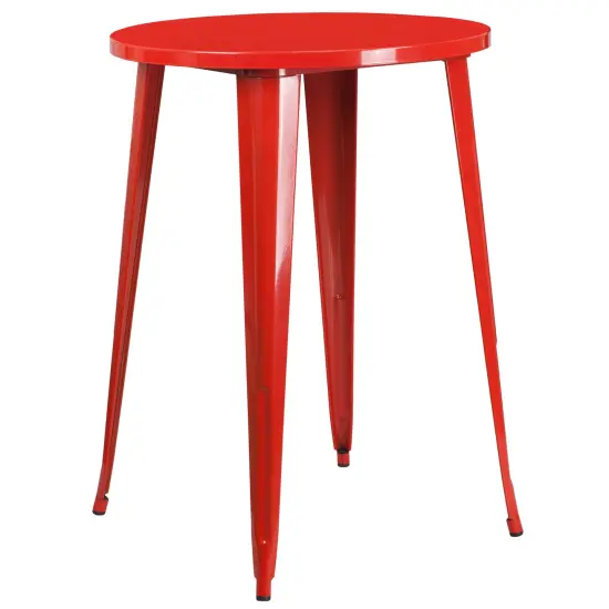 Emma and Oliver Commercial 30" Round Metal Indoor-Outdoor Bar Table Set & 4 Slat Back Stools Red {3}