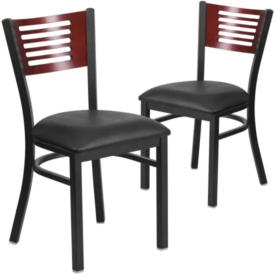 Emma and Oliver 2 Pack Decorative Slat Back Metal Restaurant Chair Mahog/BurgVYL/Black {6}