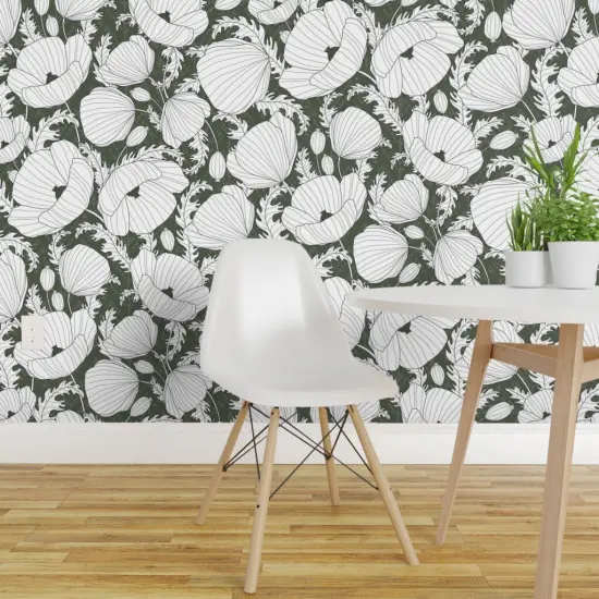 Peel & Stick Wallpaper 2FT Wide Floral Poppies Boho Flowers Olive White Line Drawing Large Scale Leaves Retro Green Custom Removable Wallpaper by Spoonflower {1}