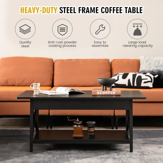 2-Tier Rectangular Coffee Table with Large Storage Shelf and Metal Frame for Living Room Black {3}