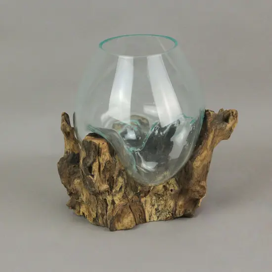 Large Molten Glass Sculptural Bowl / Plant Terrarium On Natural Driftwood Base {4}