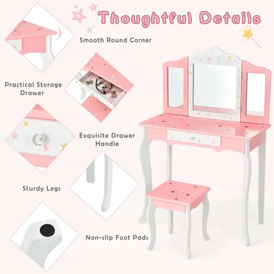 Kids Vanity Princess Makeup Dressing Table Chair Set with Tri-folding Mirror Pink {5}