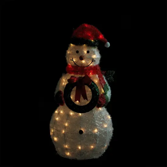 Northlight 38" Lighted White and Red Tinsel Snowman with Wreath Outdoor Christmas Decoration {3}