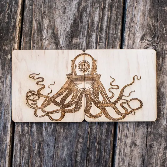 Steampunk Octopus Coaster Set of two 4x4in Raw Wood {1}