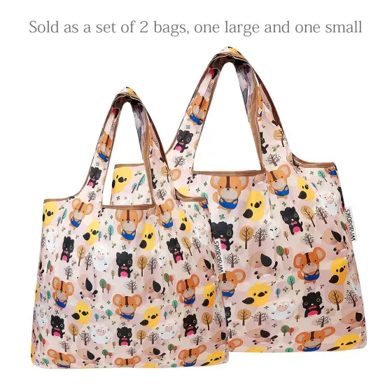Wrapables Large & Small Foldable Tote Nylon Reusable Grocery Bags, Set of 2 Cuttie Animals {3}