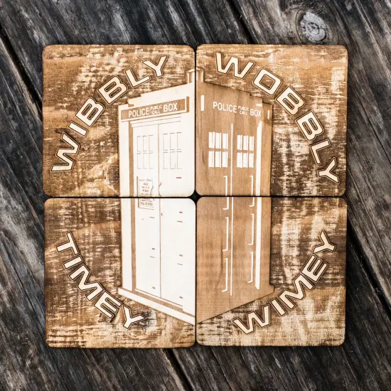 Wibbly Wobbly Timey Wimey Wood Coaster Set of 4 4x4in Raw Wood {1}