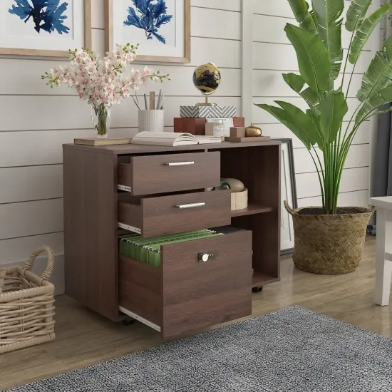 Drawer Wood File Cabinet with coded Lock | Printer Stand with Open Storage Shelves for Home Office Brown Oak {4}