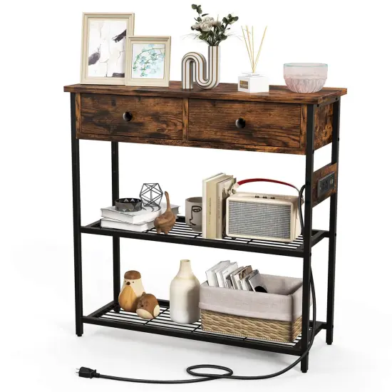 Costway Entryway Table with Charging Station Narrow Console Table with 2 Drawers Brown/Oak {7}