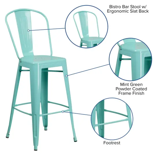 Merrick Lane Sabine Metal Indoor-Outdoor Barstool with Vertical Slat Back and Integrated Footrest Mint Green {2}